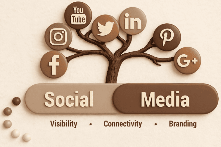 Social media marketing illustration with popular social media icons.