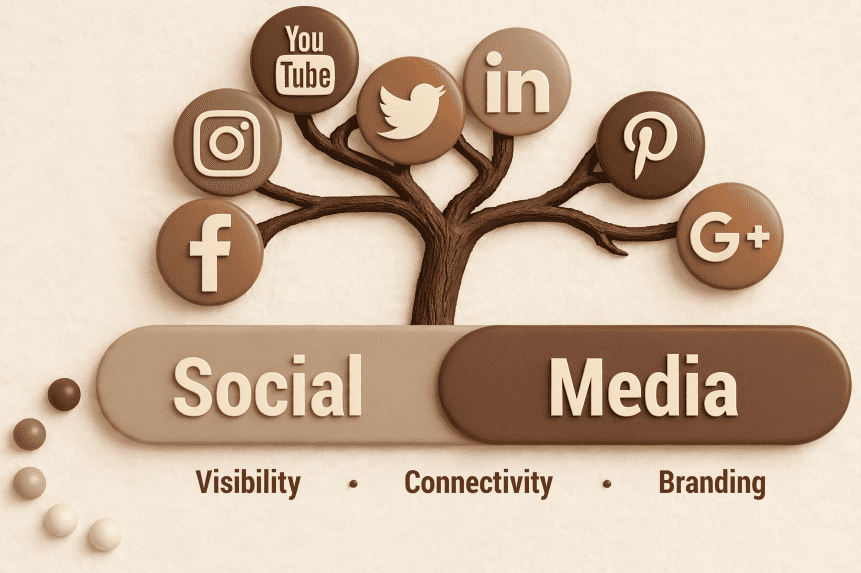 Social media marketing illustration with popular social media icons.